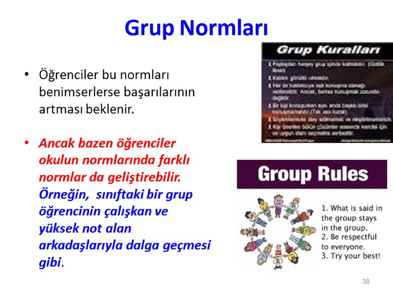 Grup Normları Öğrenciler bu normları benimserlerse başarılarının artması beklenir.   Ancak bazen öğrenciler